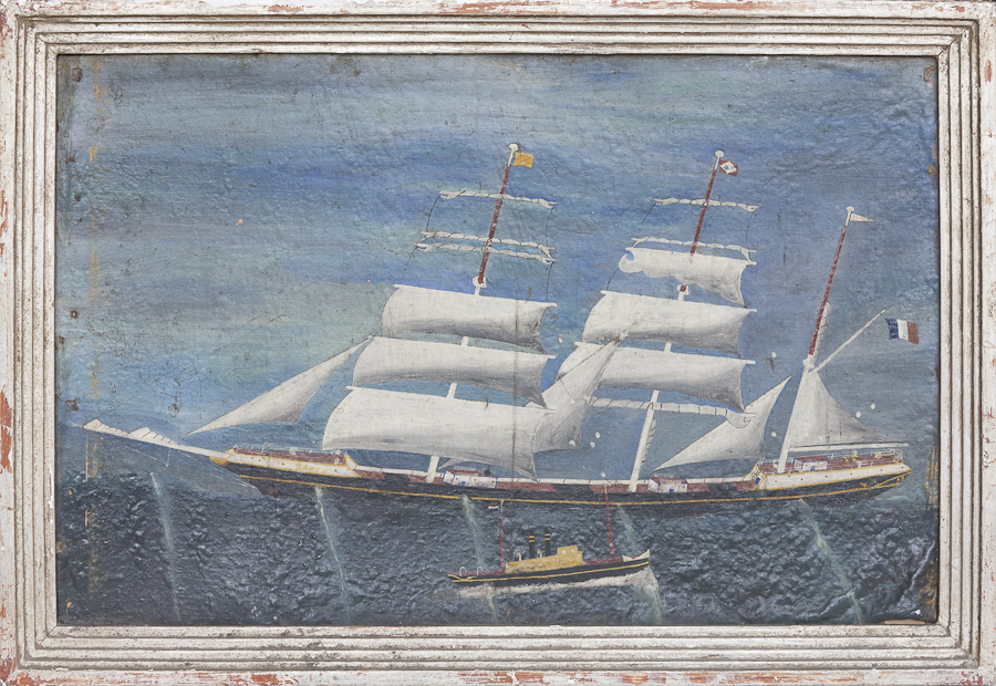Naive oil painting of a two masted sailing ship