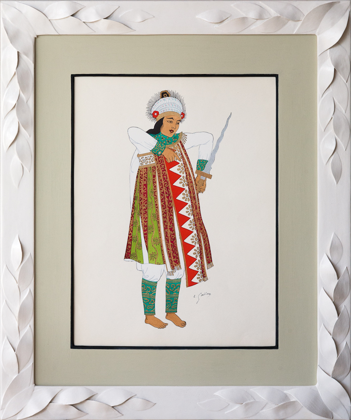 Indonesian costume prints framed in ivory coloured leaf frames from Julia Boston